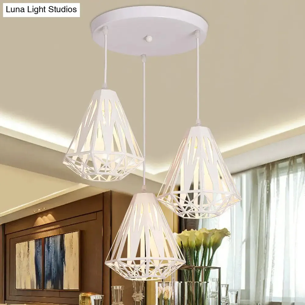 Stylish Wire Cage Suspension Light with Diamond Shade - Loft 3-Head Metal Ceiling Fixture (Black/White)
