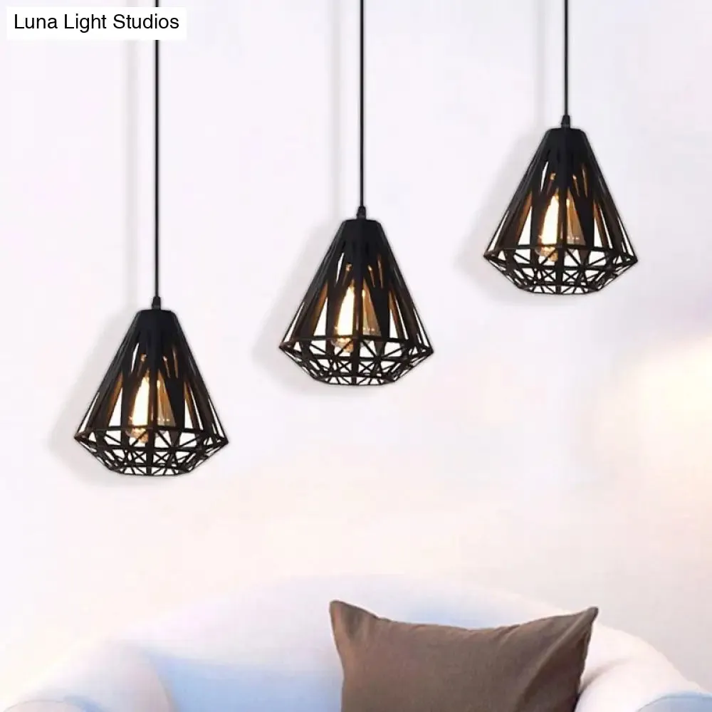 Stylish Wire Cage Suspension Light with Diamond Shade - Loft 3-Head Metal Ceiling Fixture (Black/White)