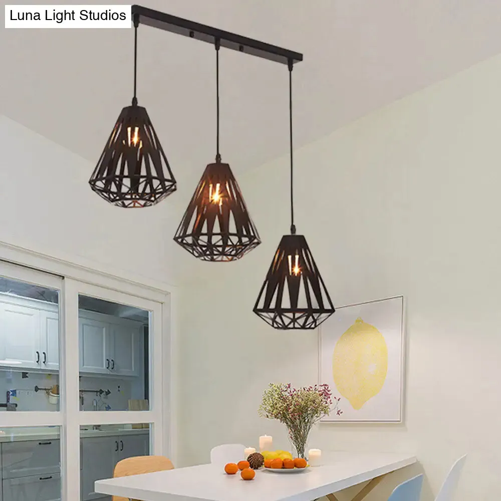 Stylish Wire Cage Suspension Light with Diamond Shade - Loft 3-Head Metal Ceiling Fixture (Black/White)