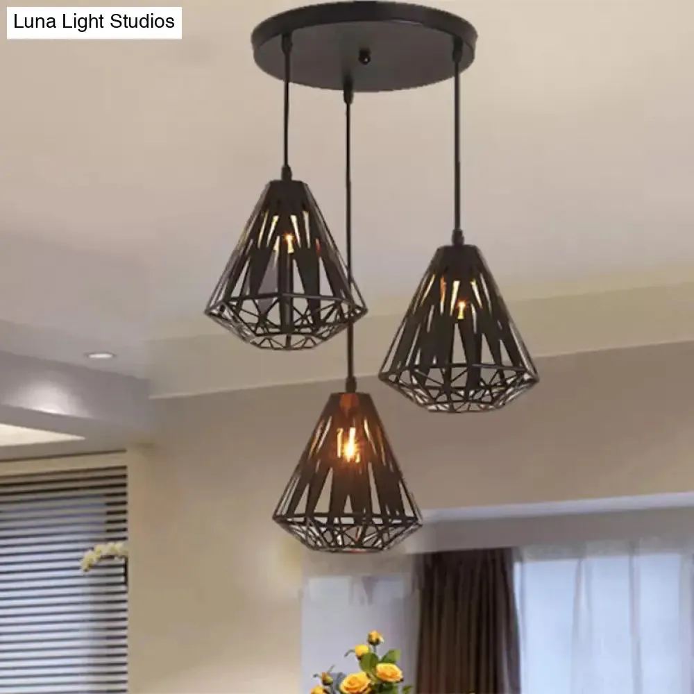 Stylish Wire Cage Suspension Light with Diamond Shade - Loft 3-Head Metal Ceiling Fixture (Black/White)