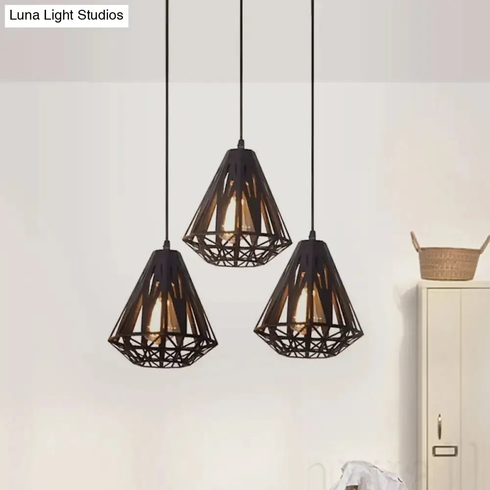 Stylish Wire Cage Suspension Light with Diamond Shade - Loft 3-Head Metal Ceiling Fixture (Black/White)