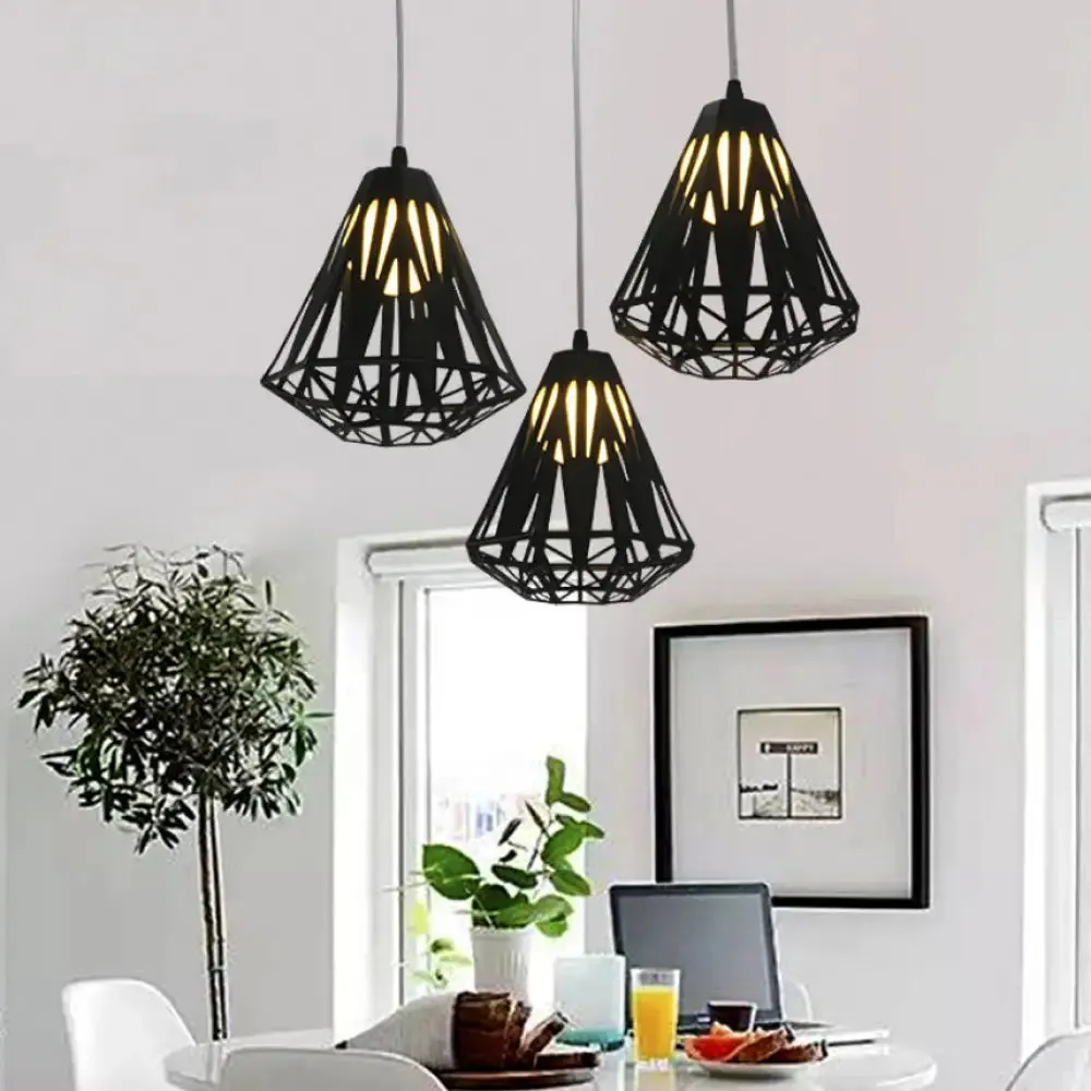 Stylish Wire Cage Suspension Light with Diamond Shade - Loft 3-Head Metal Ceiling Fixture (Black/White)