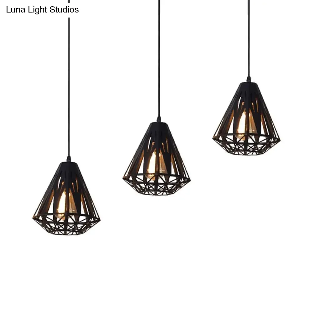 Stylish Wire Cage Suspension Light with Diamond Shade - Loft 3-Head Metal Ceiling Fixture (Black/White)
