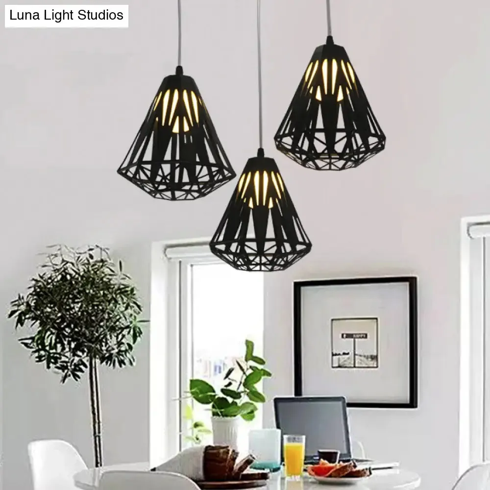Stylish Wire Cage Suspension Light with Diamond Shade - Loft 3-Head Metal Ceiling Fixture (Black/White)