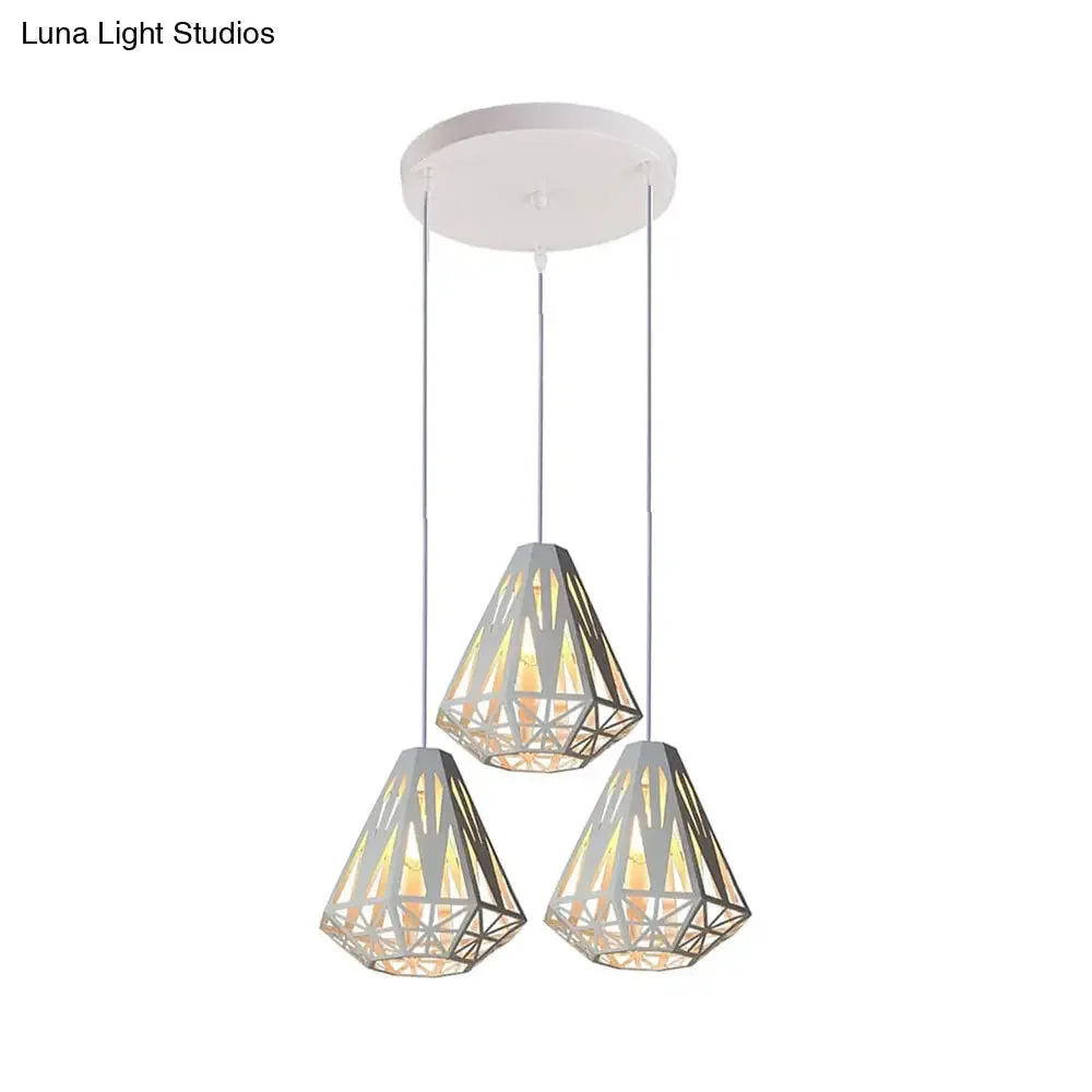 Stylish Wire Cage Suspension Light with Diamond Shade - Loft 3-Head Metal Ceiling Fixture (Black/White)