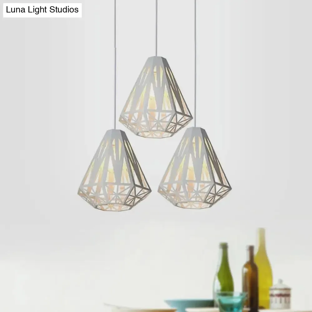 Stylish Wire Cage Suspension Light with Diamond Shade - Loft 3-Head Metal Ceiling Fixture (Black/White)
