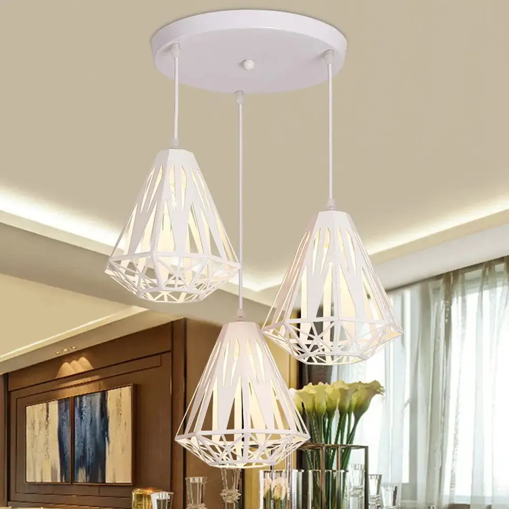 Stylish Wire Cage Suspension Light with Diamond Shade - Loft 3-Head Metal Ceiling Fixture (Black/White)