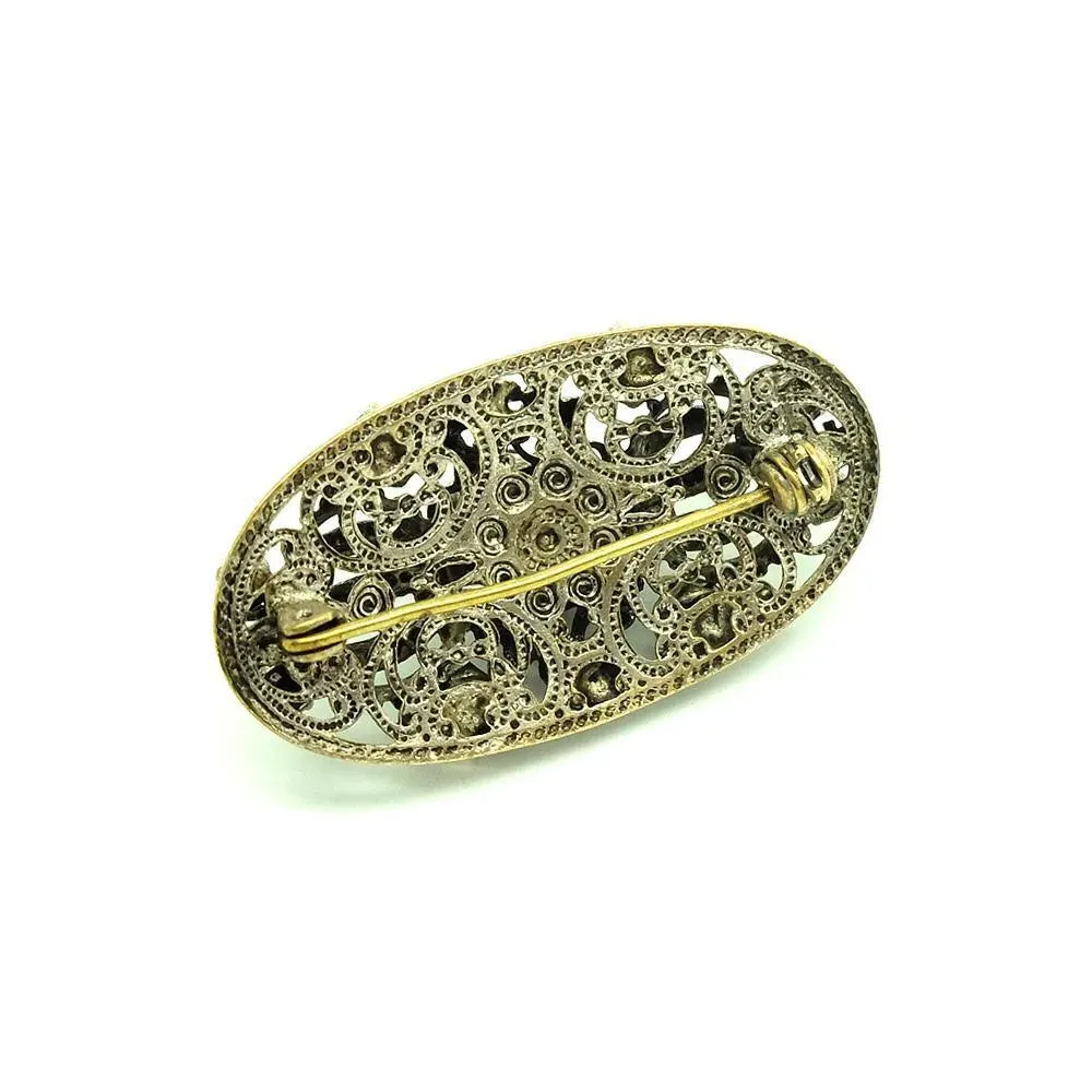 Vintage 1930s Bohemian Green Glass Brass Brooch