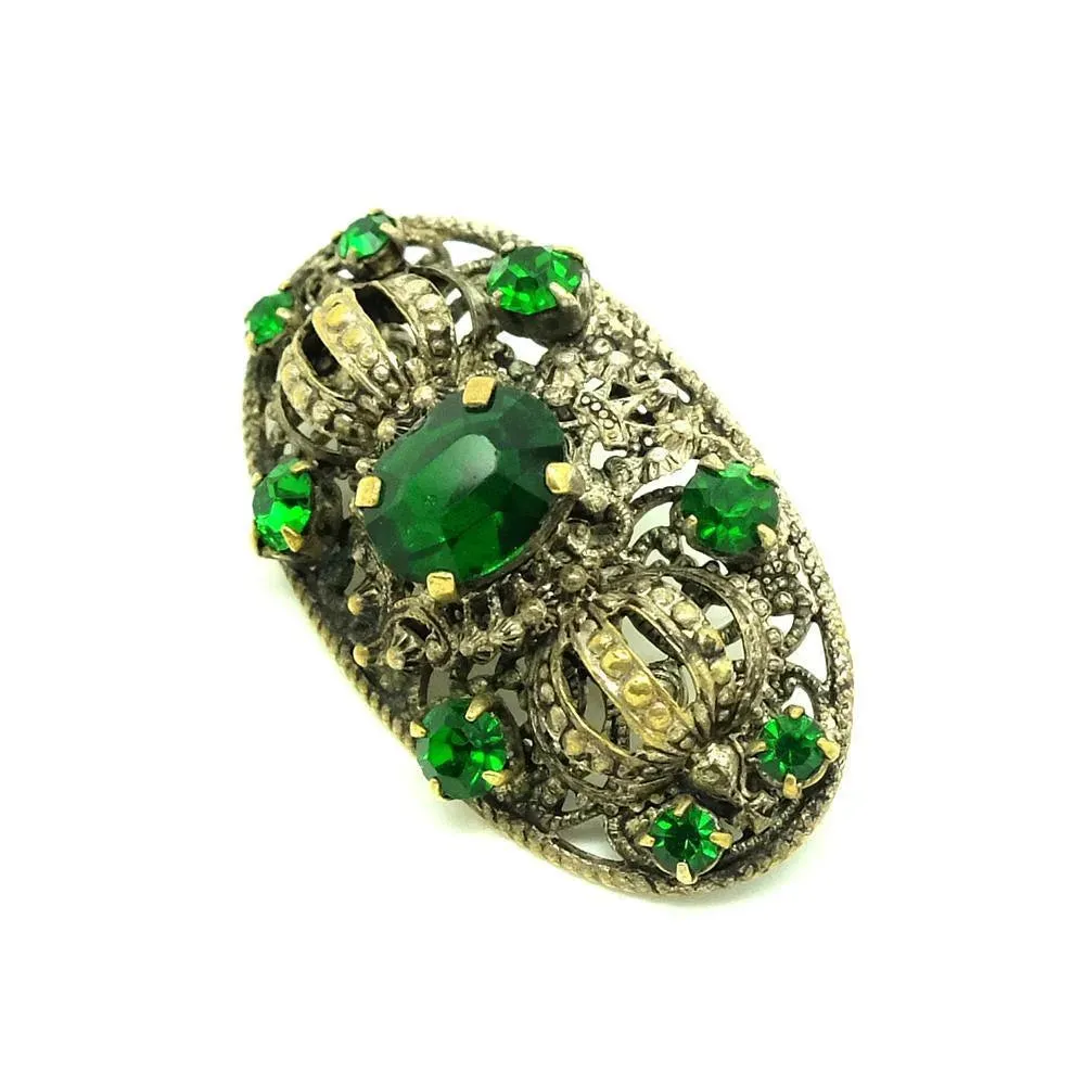 Vintage 1930s Bohemian Green Glass Brass Brooch