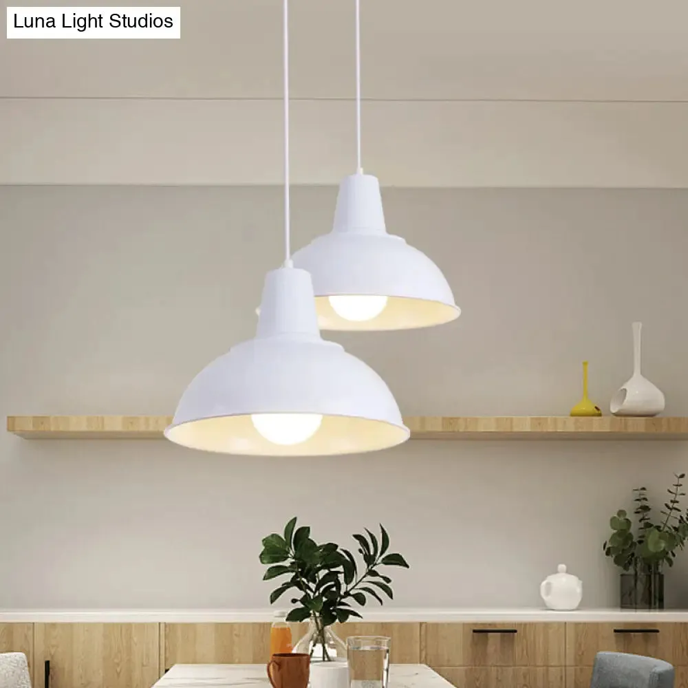 Vintage Dome Iron Hanging Light Kit - 12"/16" Wide - Restaurant Suspension Pendant in White/Black