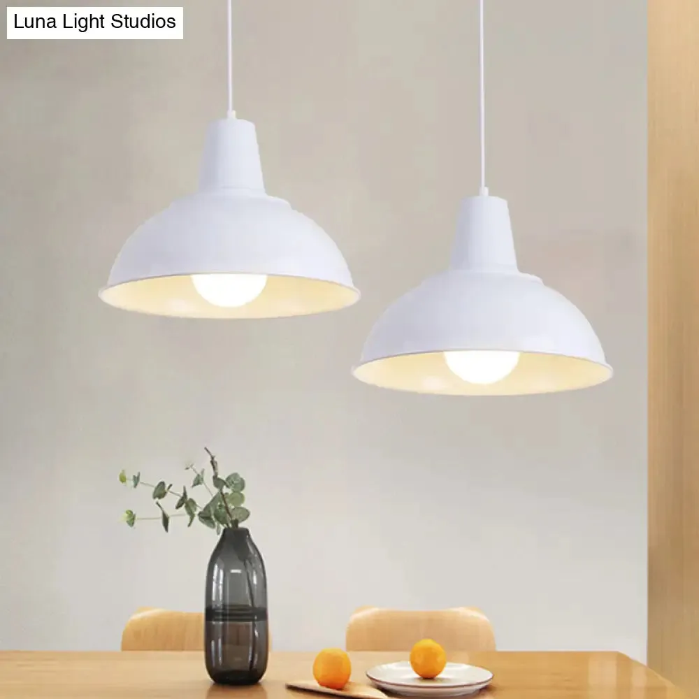 Vintage Dome Iron Hanging Light Kit - 12"/16" Wide - Restaurant Suspension Pendant in White/Black