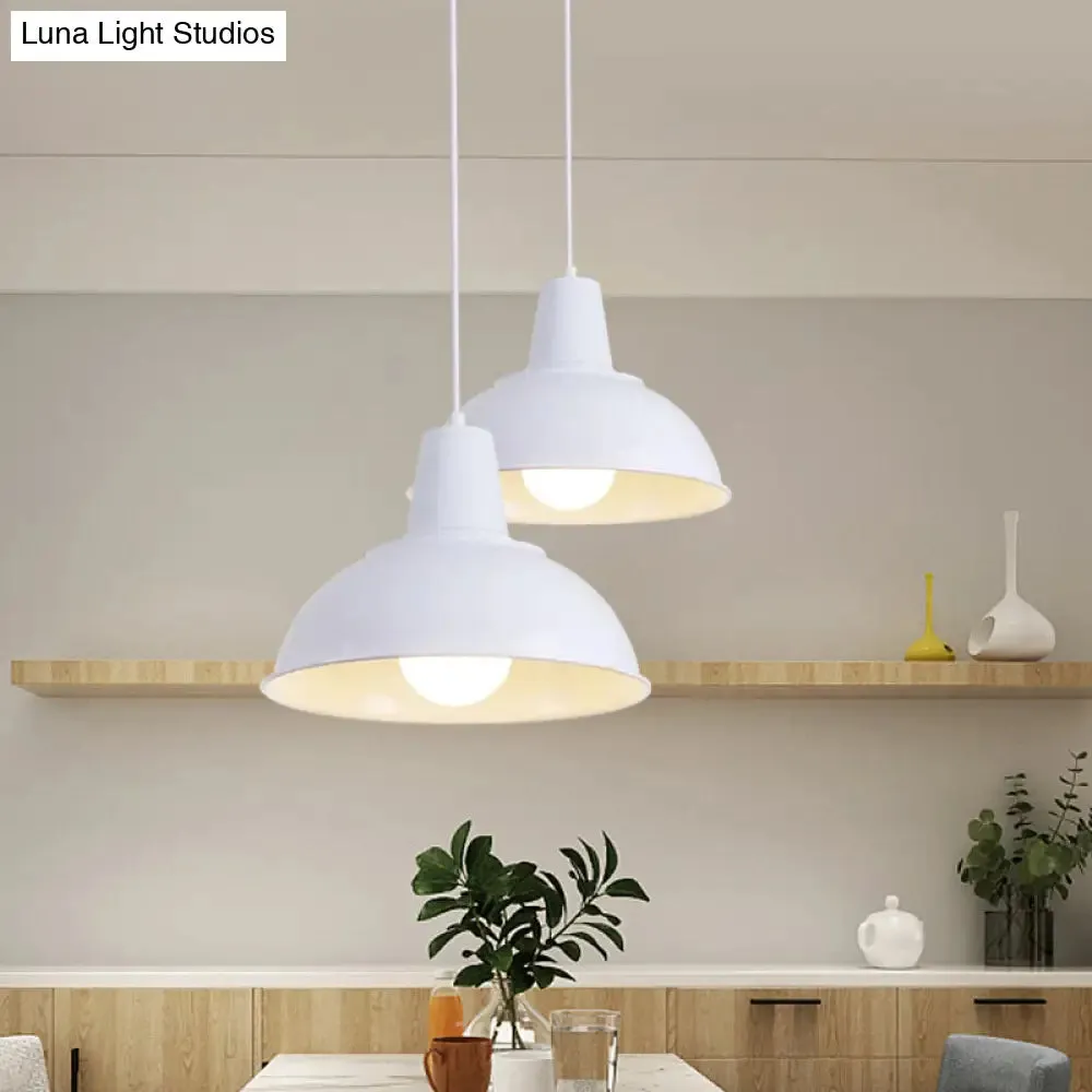 Vintage Dome Iron Hanging Light Kit - 12"/16" Wide - Restaurant Suspension Pendant in White/Black