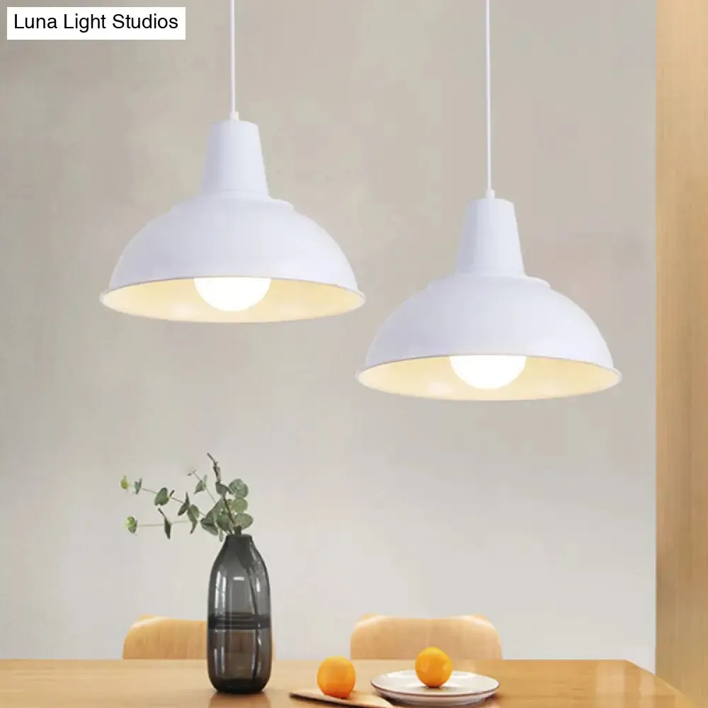 Vintage Dome Iron Hanging Light Kit - 12"/16" Wide - Restaurant Suspension Pendant in White/Black
