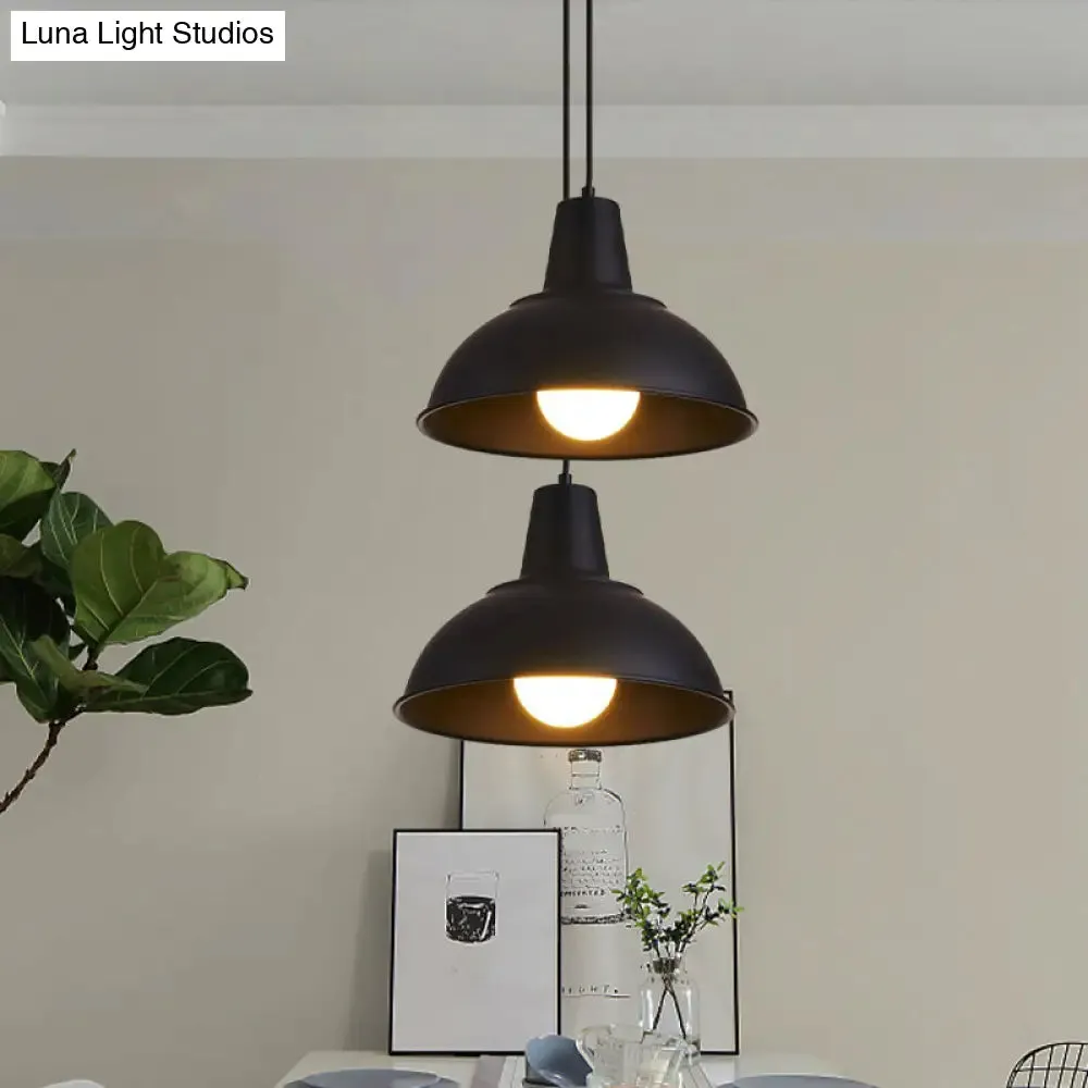 Vintage Dome Iron Hanging Light Kit - 12"/16" Wide - Restaurant Suspension Pendant in White/Black