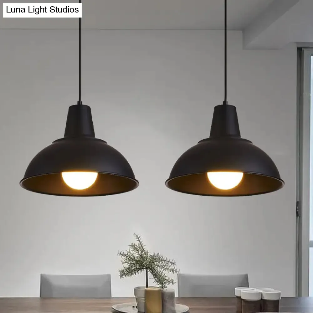 Vintage Dome Iron Hanging Light Kit - 12"/16" Wide - Restaurant Suspension Pendant in White/Black