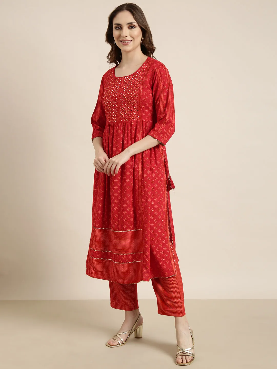 Women A-Line Red Geometric Kurta Sets with Trousers & Dupatta & Potli Bag