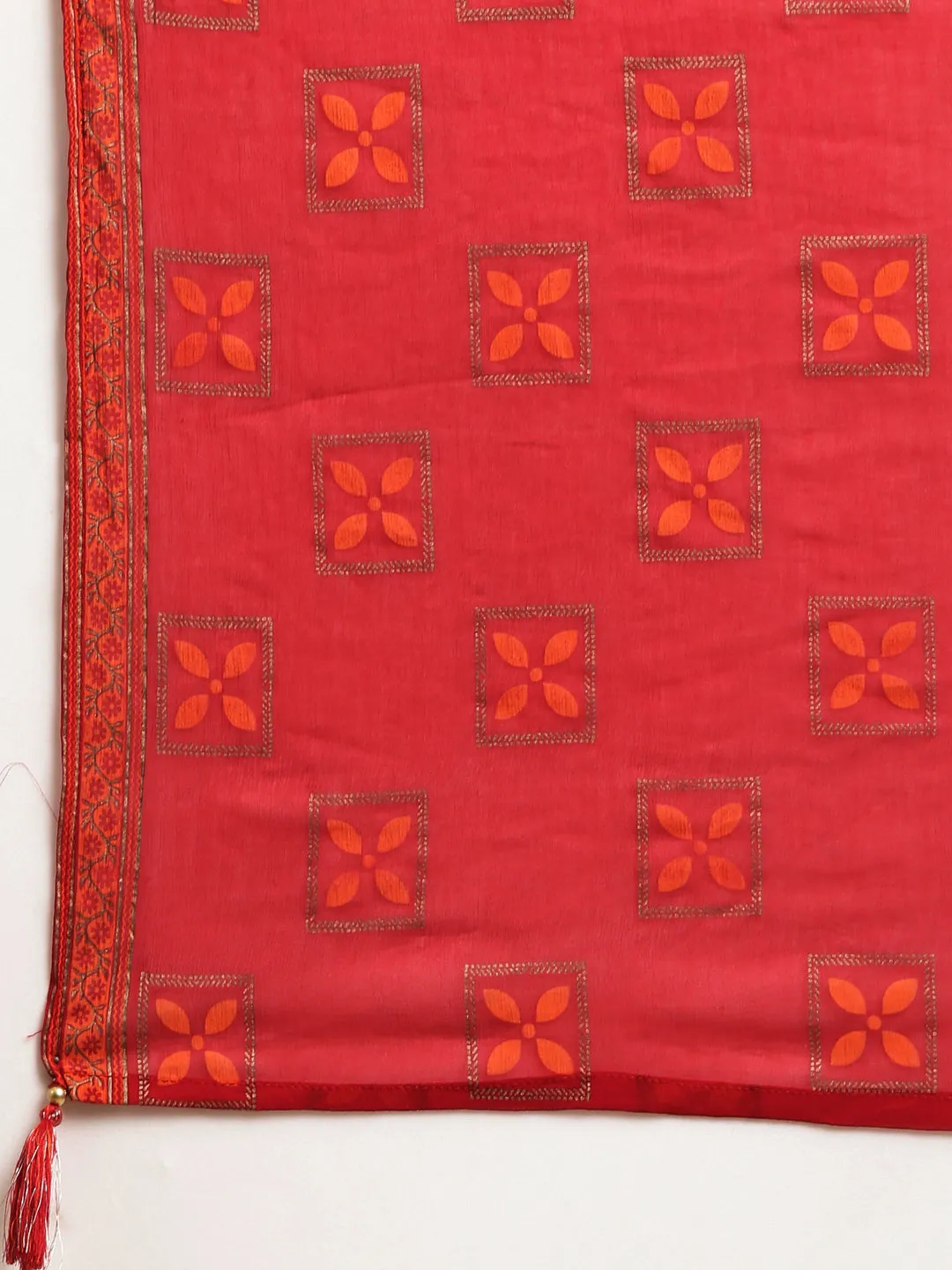 Women A-Line Red Geometric Kurta Sets with Trousers & Dupatta & Potli Bag
