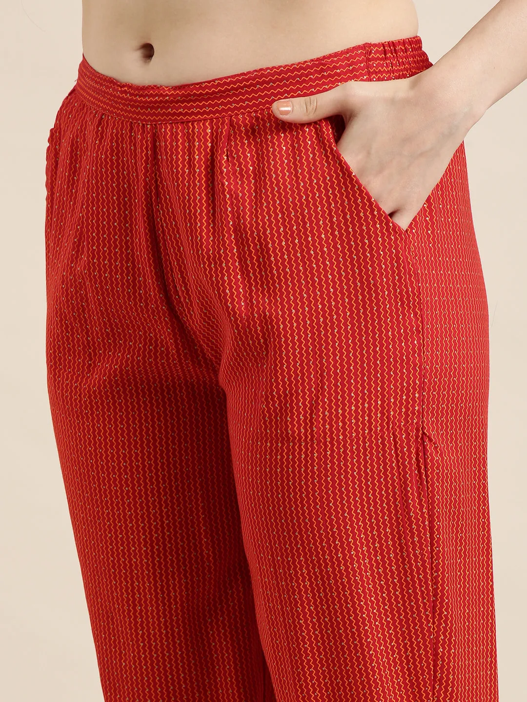 Women A-Line Red Geometric Kurta Sets with Trousers & Dupatta & Potli Bag