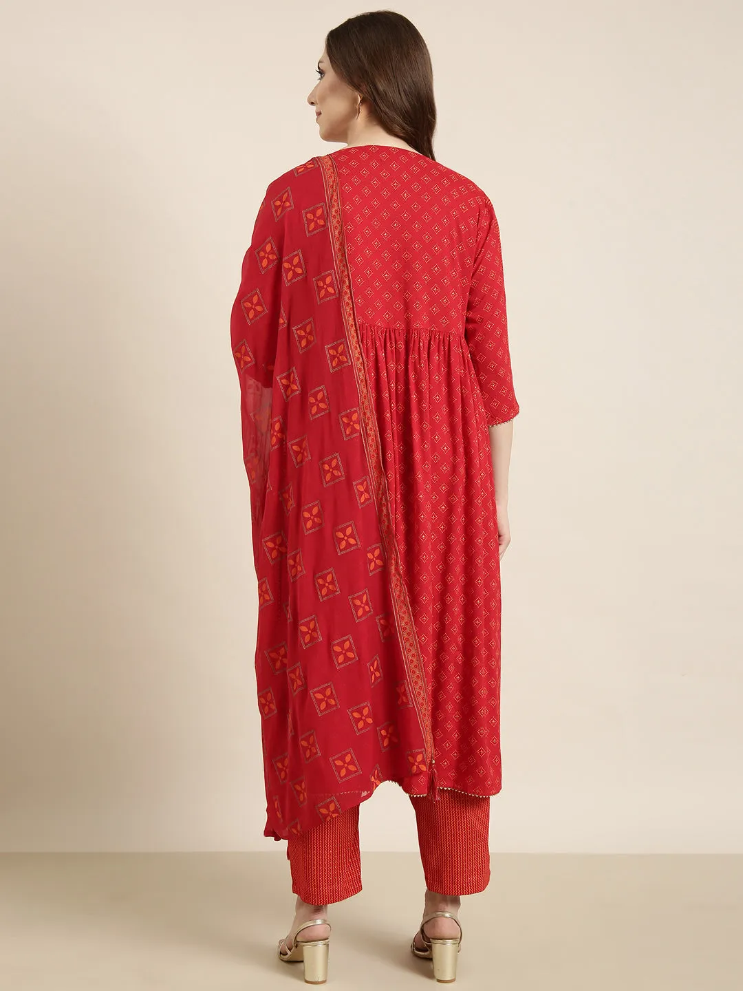 Women A-Line Red Geometric Kurta Sets with Trousers & Dupatta & Potli Bag
