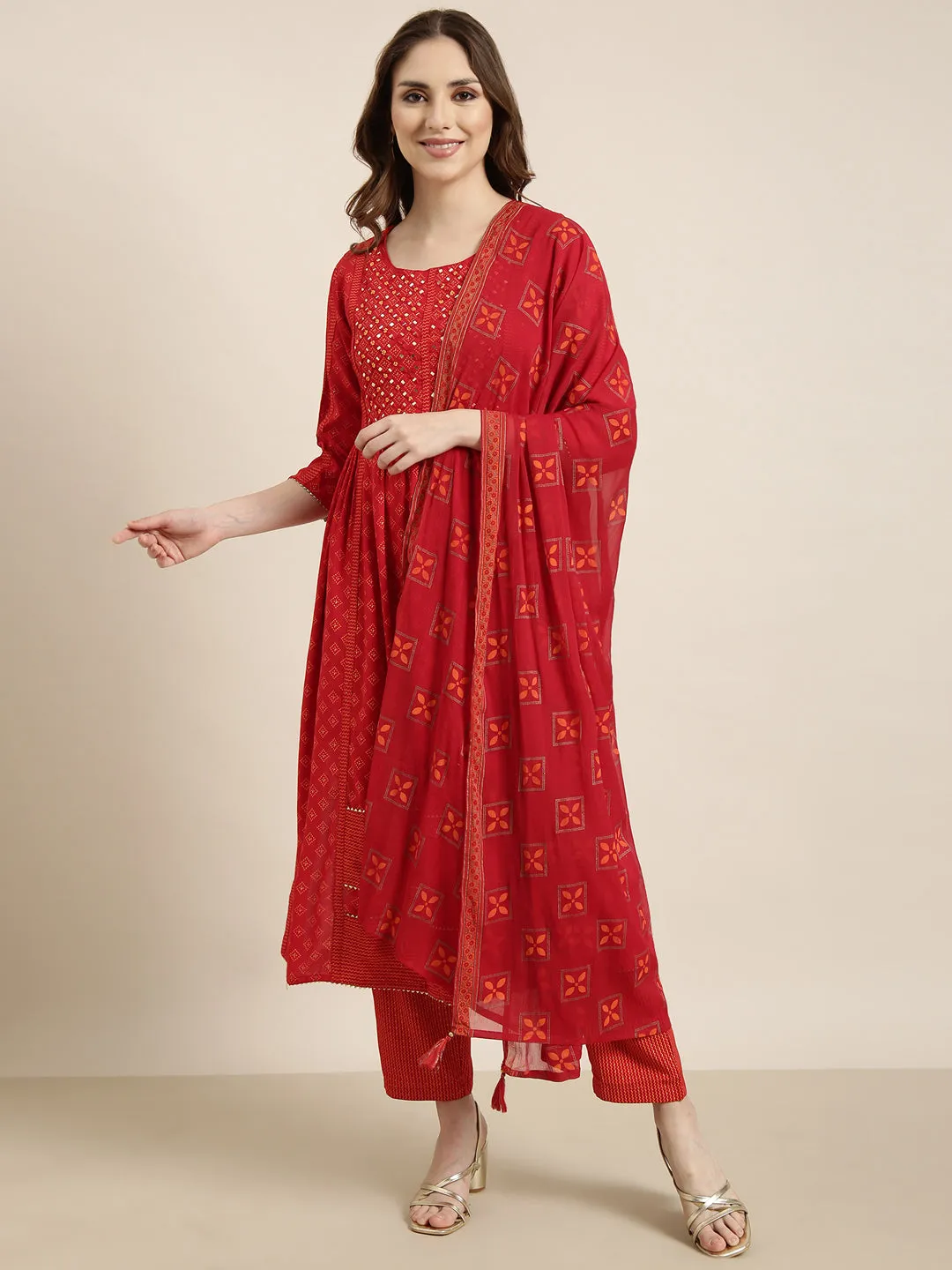 Women A-Line Red Geometric Kurta Sets with Trousers & Dupatta & Potli Bag