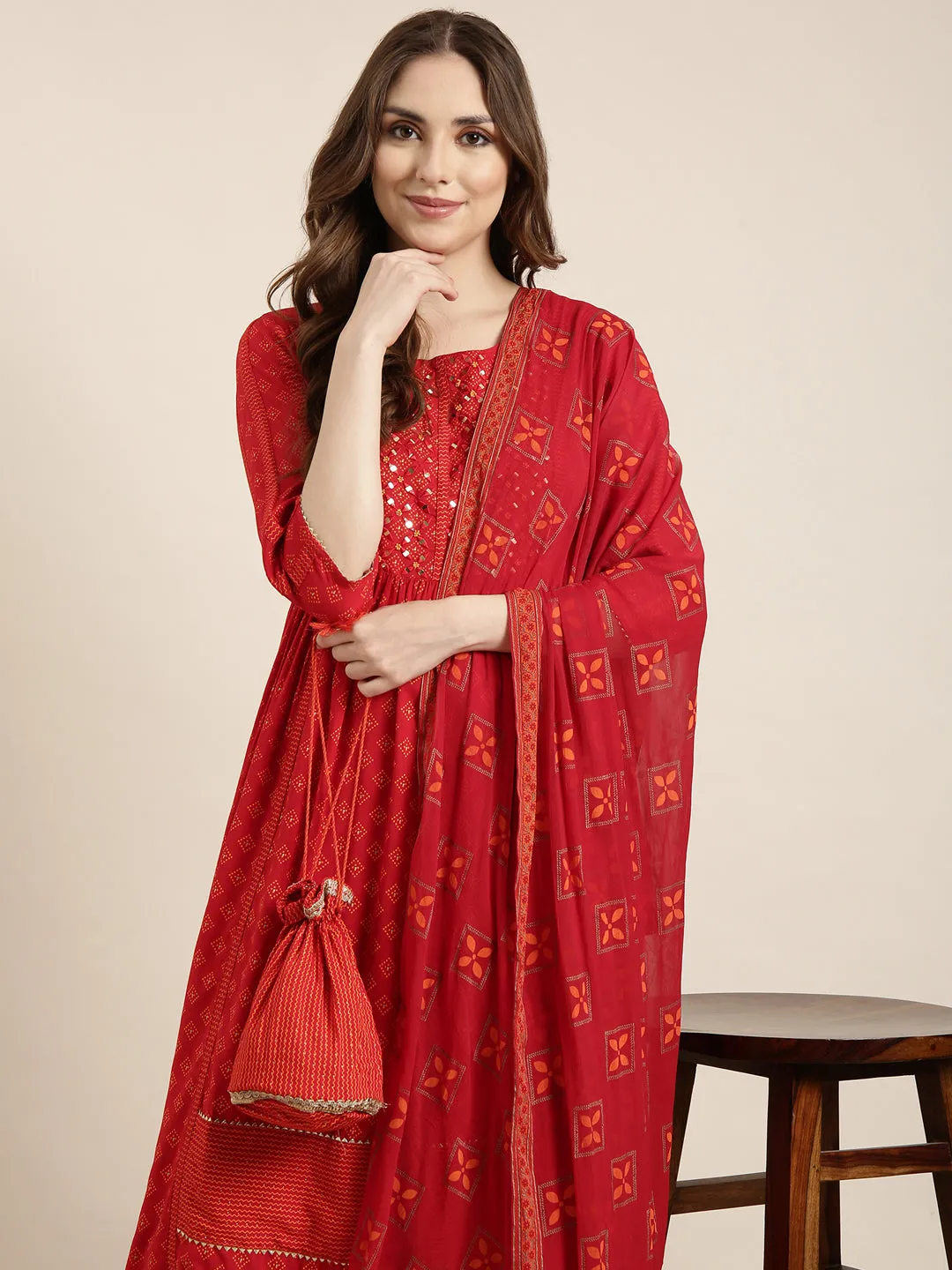 Women A-Line Red Geometric Kurta Sets with Trousers & Dupatta & Potli Bag