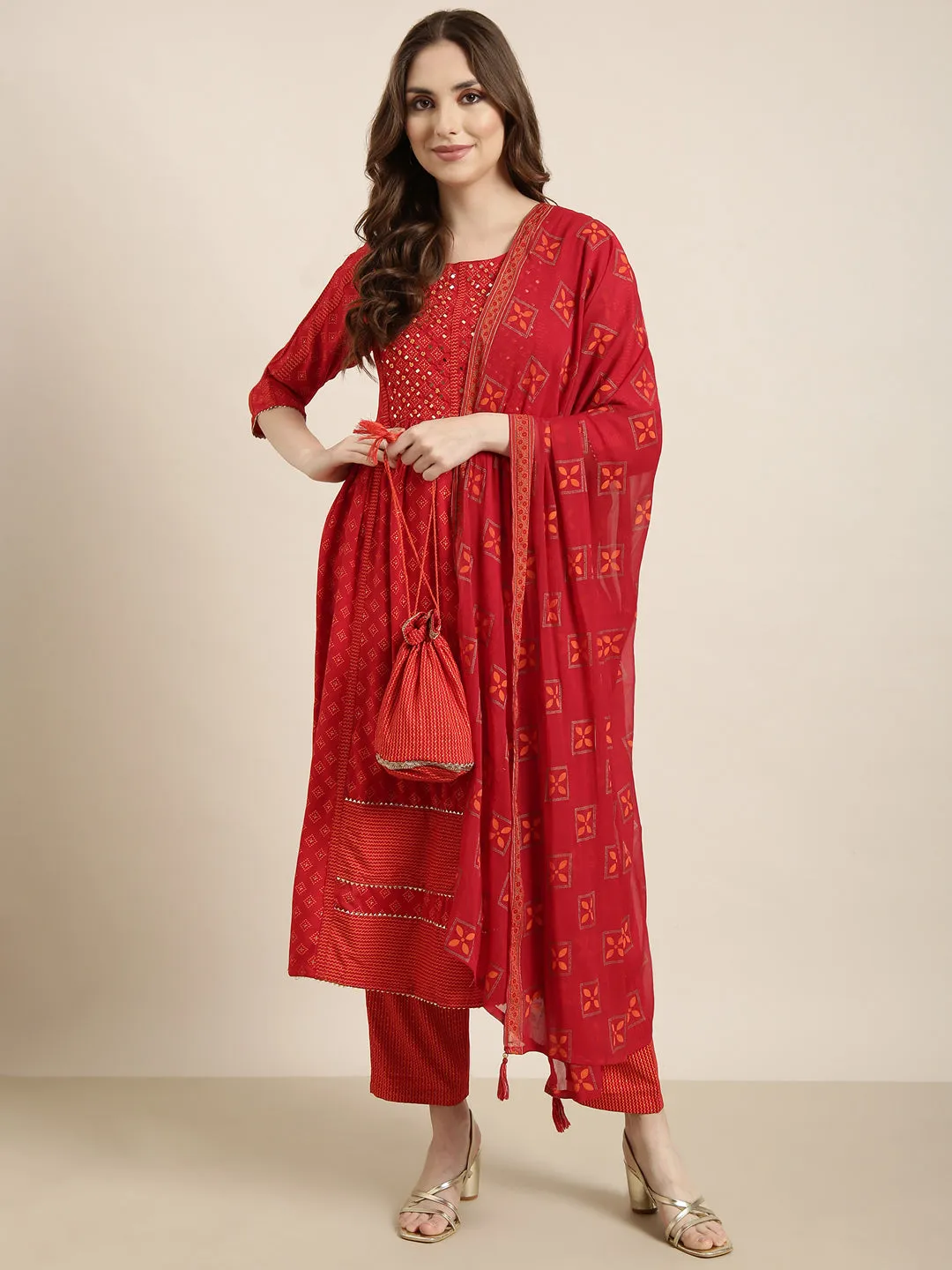 Women A-Line Red Geometric Kurta Sets with Trousers & Dupatta & Potli Bag