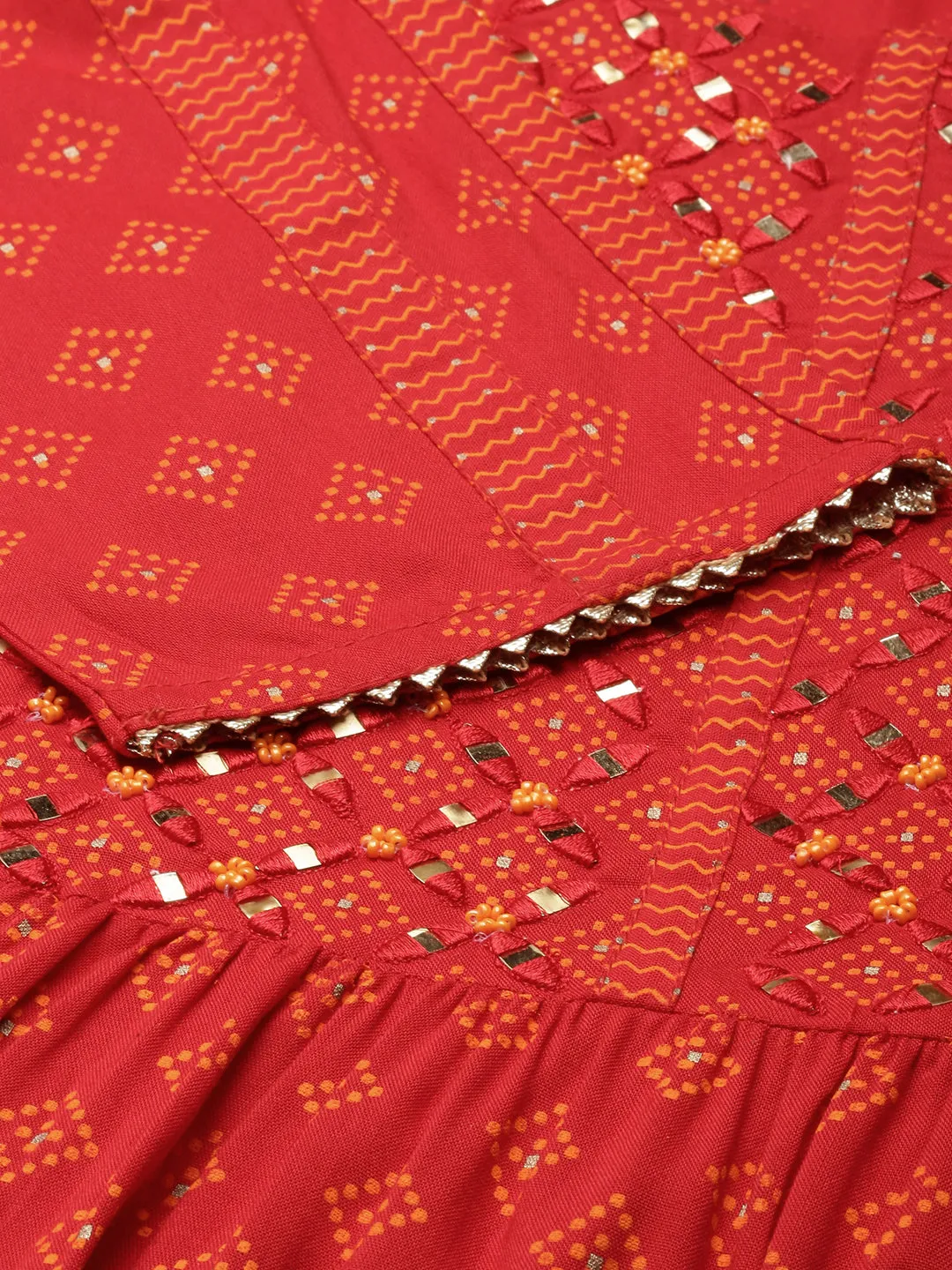 Women A-Line Red Geometric Kurta Sets with Trousers & Dupatta & Potli Bag
