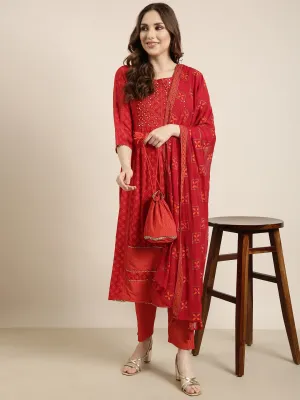 Women A-Line Red Geometric Kurta Sets with Trousers & Dupatta & Potli Bag