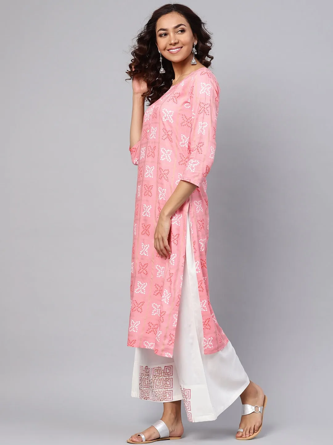 Women Pink & White Printed Kurta Set