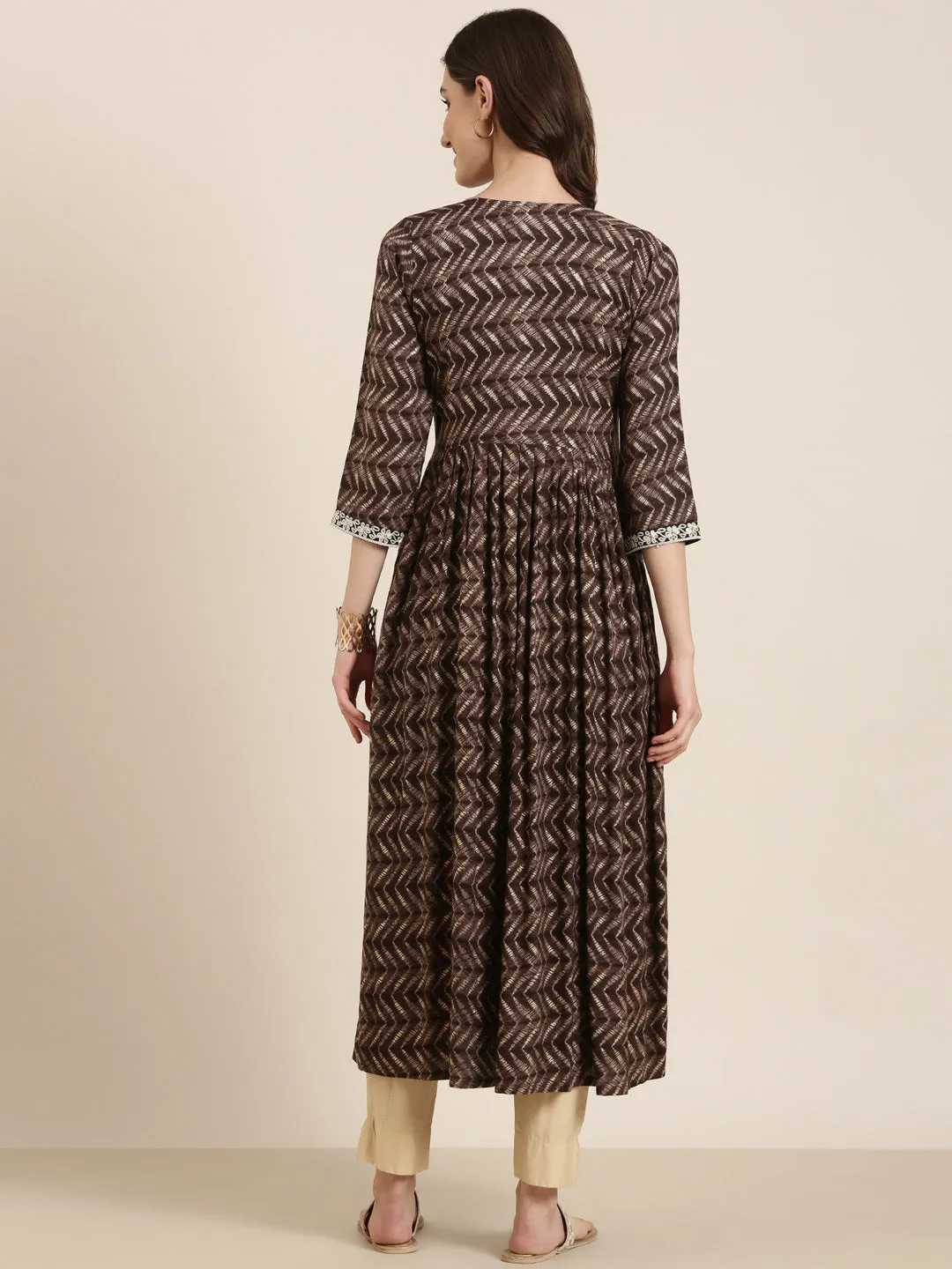 Women Taupe Geometric Printed Thread Work Anarkali Kurta