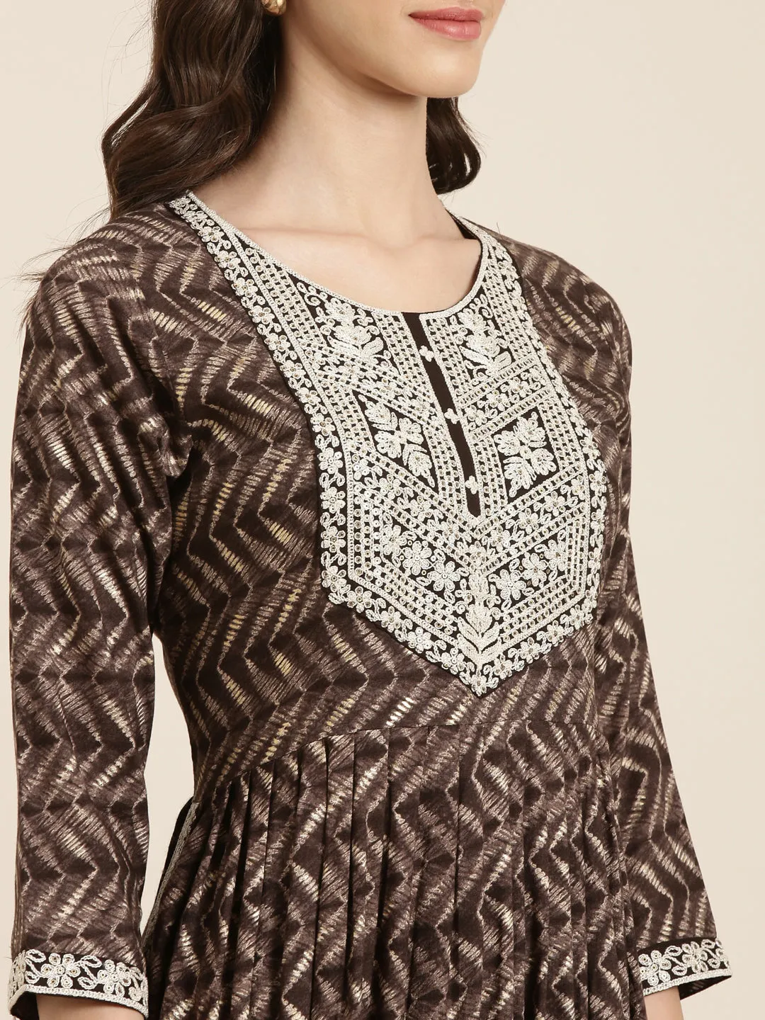 Women Taupe Geometric Printed Thread Work Anarkali Kurta