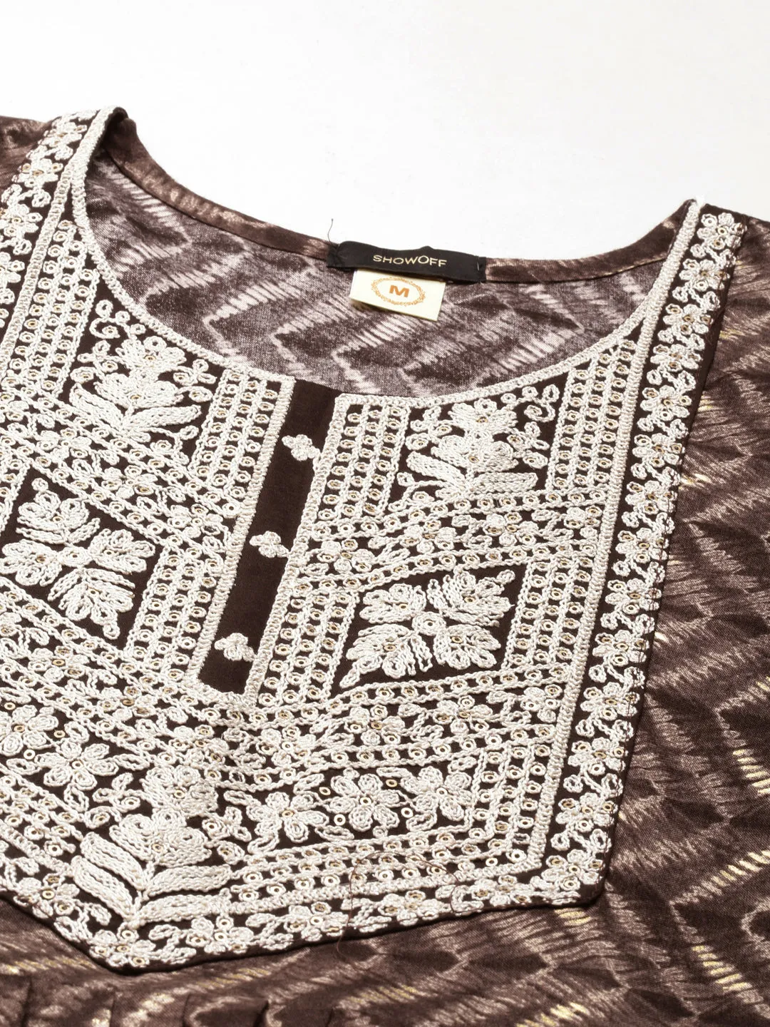 Women Taupe Geometric Printed Thread Work Anarkali Kurta