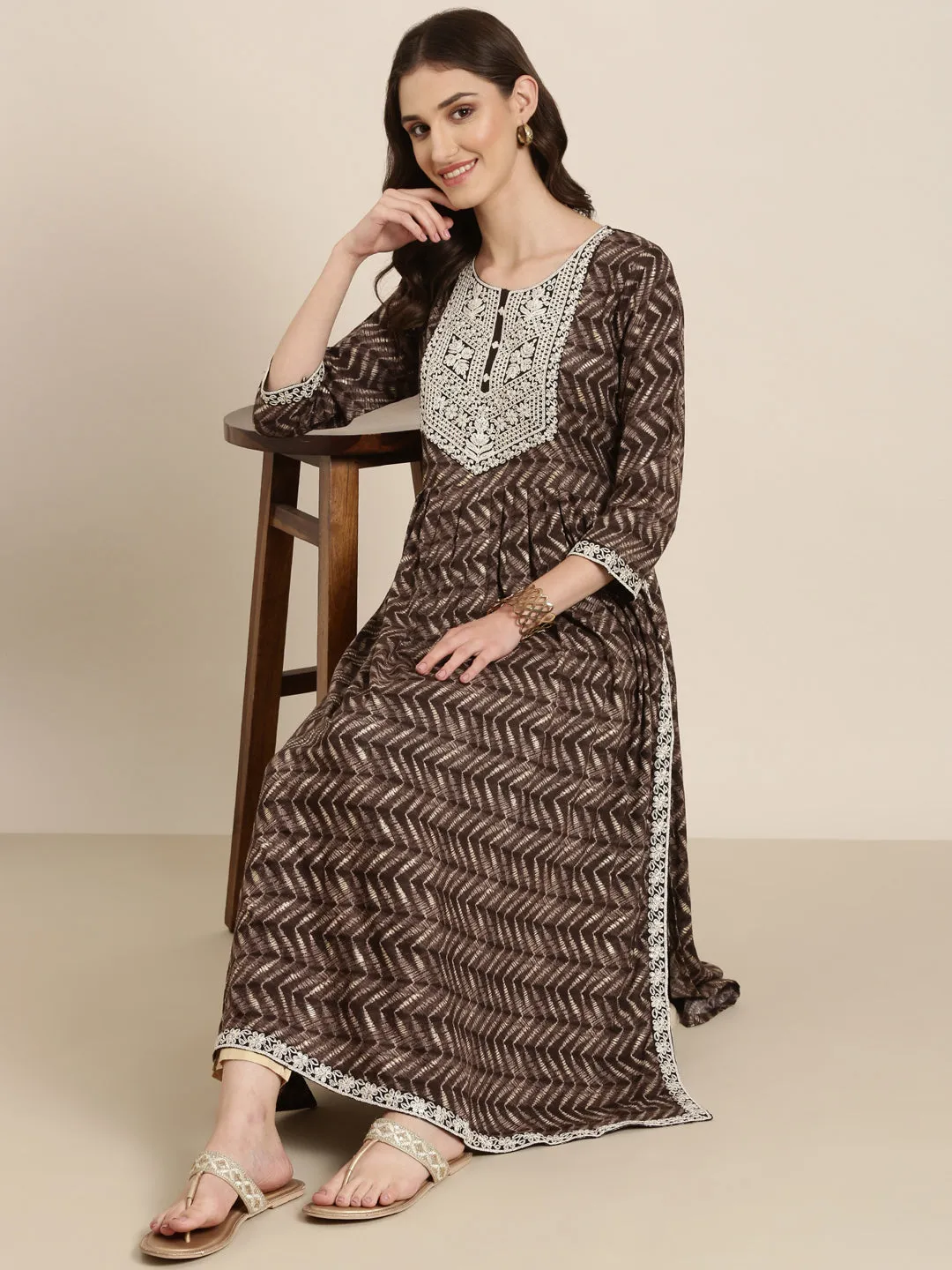 Women Taupe Geometric Printed Thread Work Anarkali Kurta