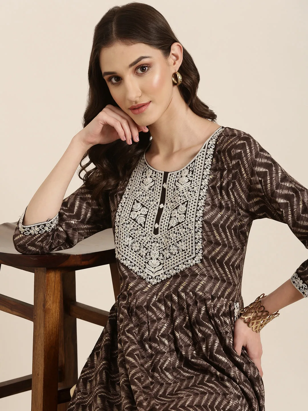 Women Taupe Geometric Printed Thread Work Anarkali Kurta