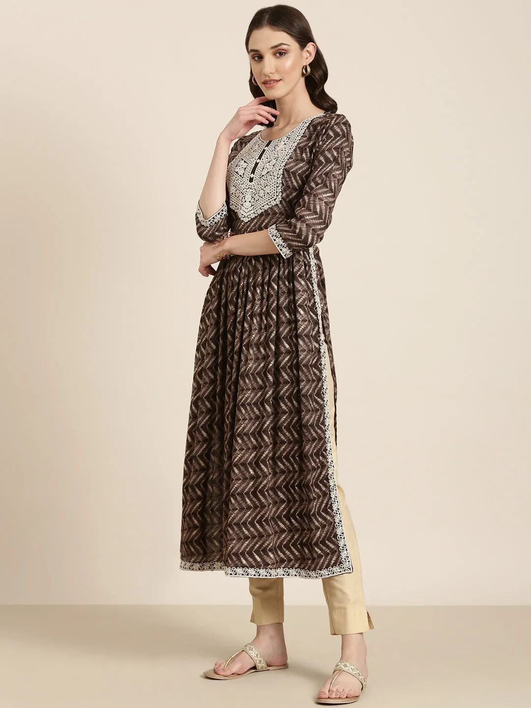 Women Taupe Geometric Printed Thread Work Anarkali Kurta