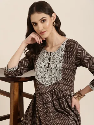 Women Taupe Geometric Printed Thread Work Anarkali Kurta
