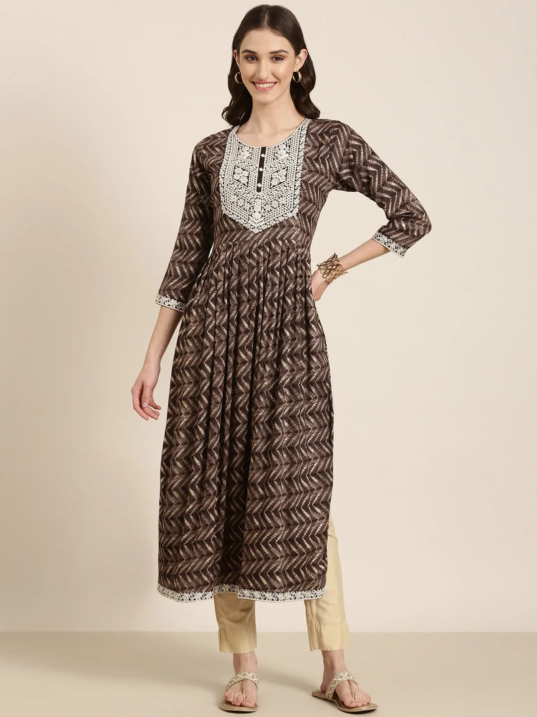 Women Taupe Geometric Printed Thread Work Anarkali Kurta